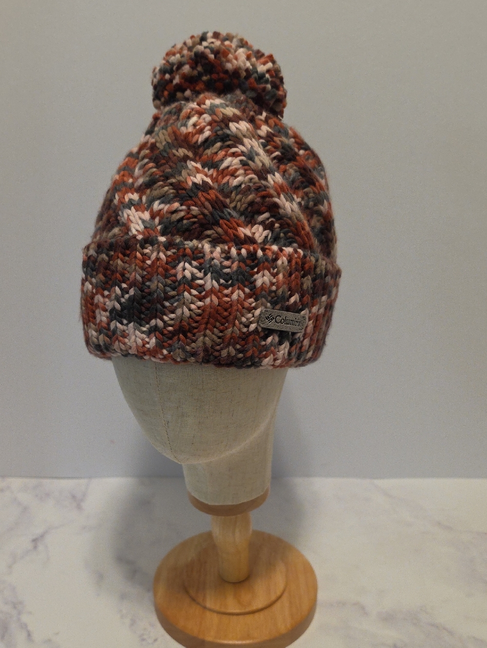 Columbia Marled Pom Beanie in Rust, Brown Tan & Gray